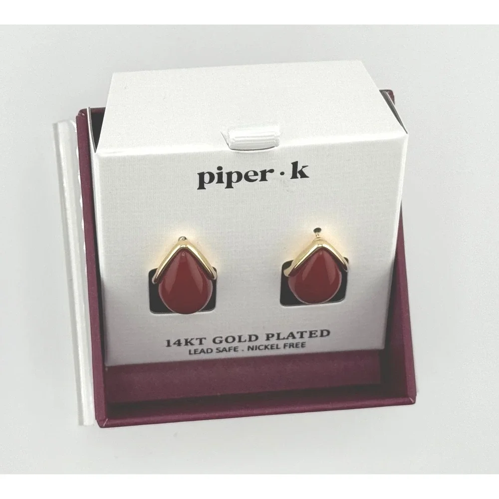 Piper K 14KT Gold Plate Burgundy Red Teardrop Stud Earrings NWT Lead Nickel Free